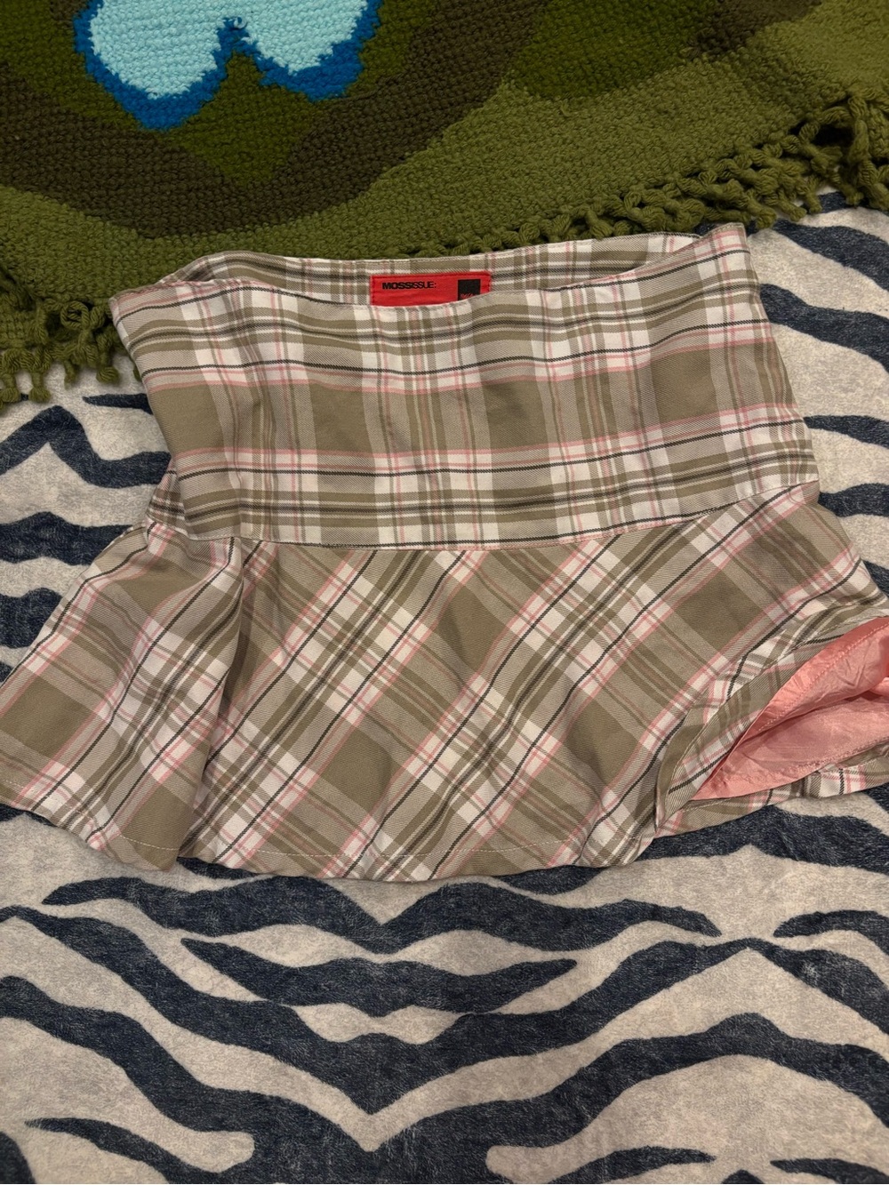 Y2K Plaid Mini Skirt with Ruffle Hem - Moss/Blush